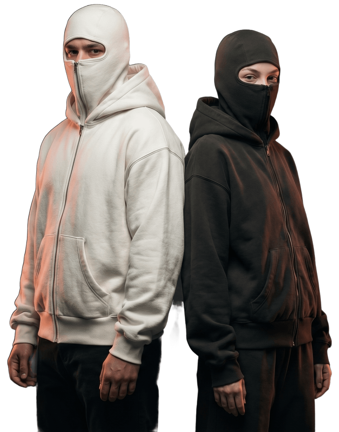 Two models wearing the Fleece Shadow Hoodie — cream and espresso colorways — balaclava up, standing back to back