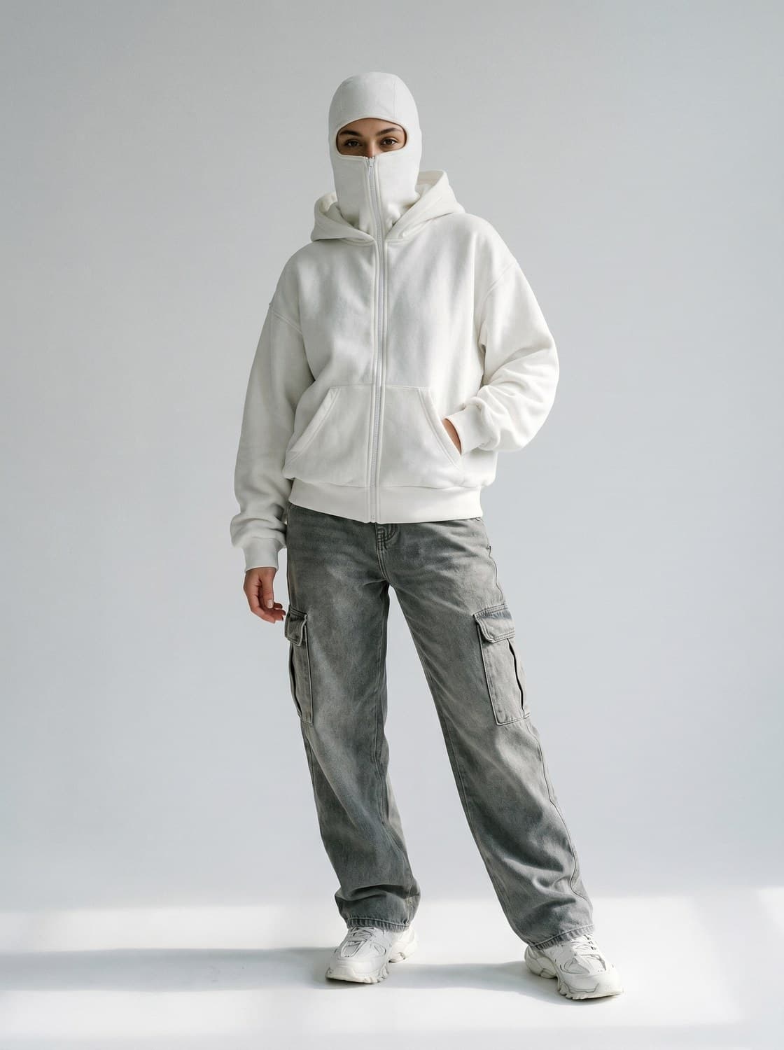 Woman wearing the Fleece Shadow Hoodie in white — front